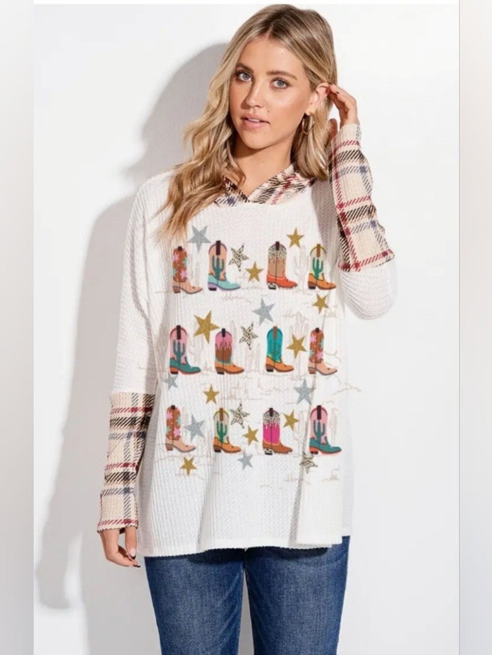 NWOT Phil Love Cowgirl Boots Plaid Detail Waffle Knit Hoodie